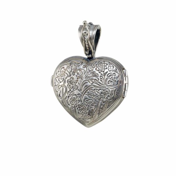 Heart Locket Large Pendant Filigree Flower Photo Remembrance