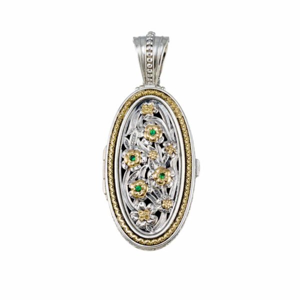 Oval Filigree Locket Flower Pendant Byzantine Jewelry 18k Yellow Gold and Silver