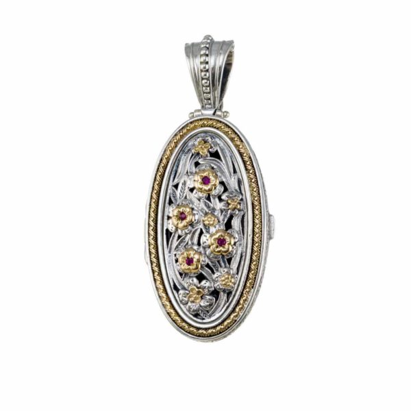 Oval Filigree Locket Flower Pendant Byzantine Jewelry 18k Yellow Gold and Silver