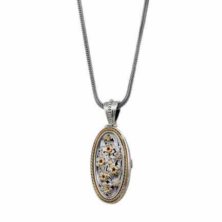Oval Filigree Locket Flower Pendant Byzantine Jewelry 18k Yellow Gold and Silver