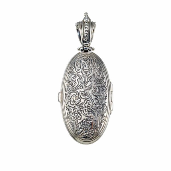 Oval Filigree Locket Flower Pendant Byzantine Jewelry 18k Yellow Gold and Silver