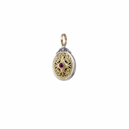 Oval Filigree Byzantine Pendant Ruby for Women’s Yellow Gold k18 and Silver 925