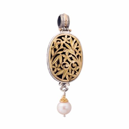 Drop Oval Pendant Flower Byzantine for Ladies in 18k Yellow Gold and Silver 925