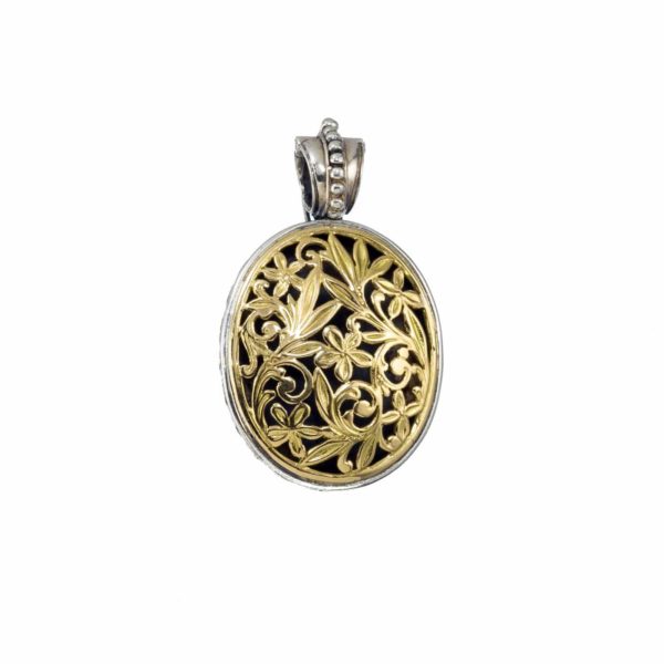 Oval Flower Byzantine Pendant for Ladies in 18k Yellow Gold and Silver 925