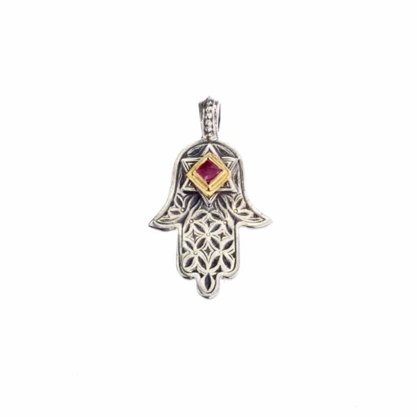 Hamsa Fatima Hand Amulet Pendant Silver and 18k Gold