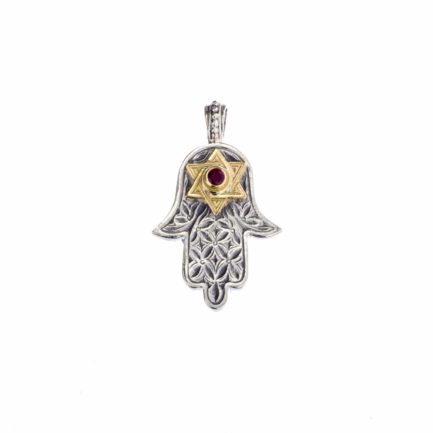 Hamsa Fatima Hand Amulet Pendant Silver and 18k Gold