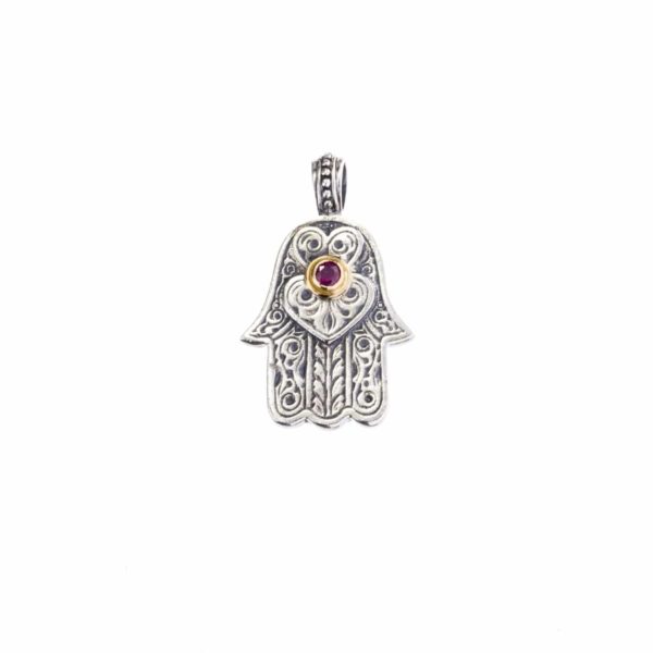 Hamsa Fatima Hand Amulet Pendant Silver and 18k Gold