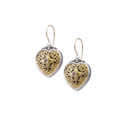Heart Earrings Diamonds for Women’s Round 18k Yellow Gold and Sterling Silver 925