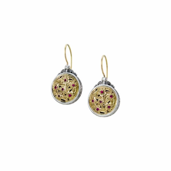 Flower Ruby Round Earrings Beautiful for Women’s 18k Yellow Gold and Silver