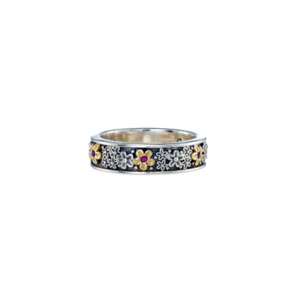 Flower Band Ring 6mm Ruby Yellow Gold k18 and Sterling Silver 925