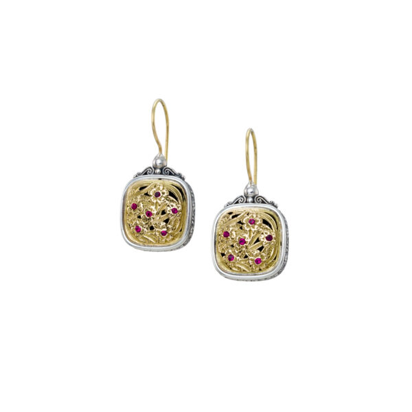 Flower Square Earrings in k18 Gold and Silver with Rubies