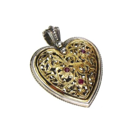 Large Heart Pendant in k18 Yellow Gold and Silver with Rubies 3043