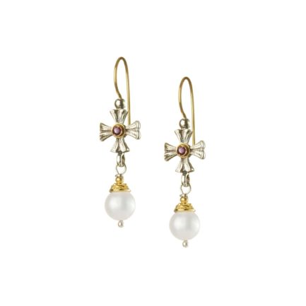 Drop Cross Earrings for Women’s 18k Yellow Gold and Sterling Silver 925