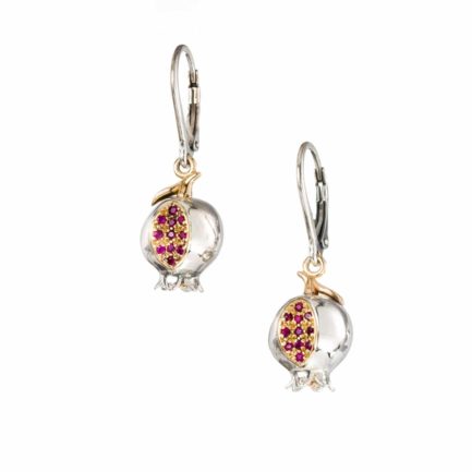 Pomegranate Dangle Earrings for Women’s Ruby 18k Yellow Gold and Sterling Silver 925