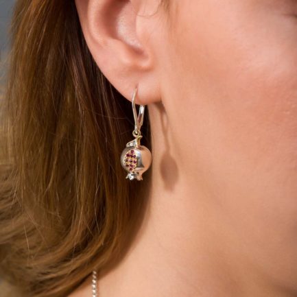 Pomegranate Dangle Earrings for Women’s Ruby 18k Yellow Gold and Sterling Silver 925 1655