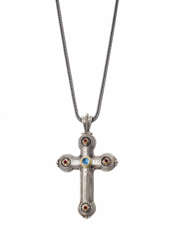 Byzantine Cross Pendant 18k Yellow Gold and Sterling Silver 925 - Image 2