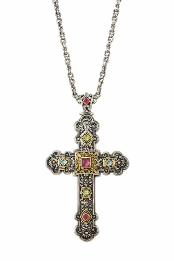 Byzantine Cross Pendant 18k Yellow Gold and Sterling Silver 925 - Image 2