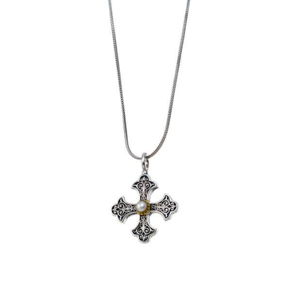 Byzantine Cross Pendant 18k Yellow Gold and Sterling Silver 925 - Image 2