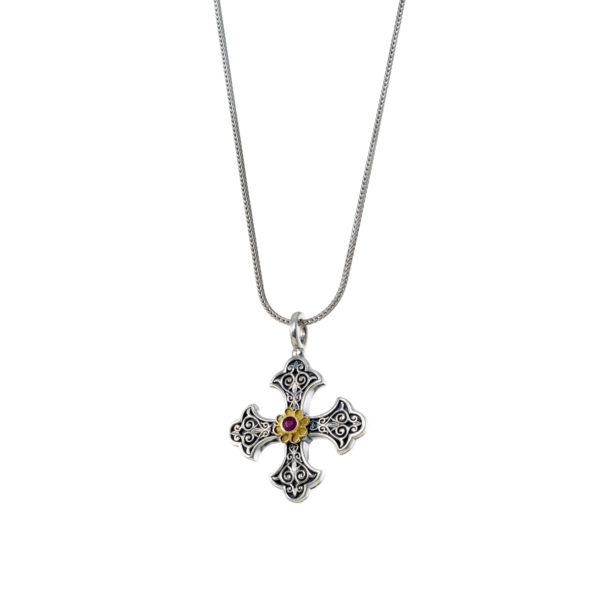 Byzantine Cross Pendant 18k Yellow Gold and Sterling Silver 925 - Image 2