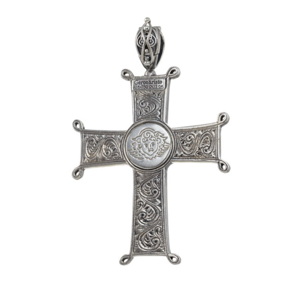 Chi-Rho Filigree Faith Large Cross Pendant 18k Yellow Gold and Sterling Silver 925 - Image 2