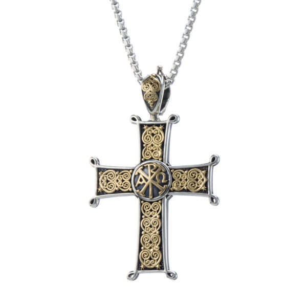 Chi-Rho Filigree Faith Large Cross Pendant 18k Yellow Gold and Sterling Silver 925 - Image 2