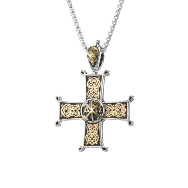 Chi-Rho Filigree Faith Large Cross Pendant 18k Yellow Gold and Sterling Silver 925 - Image 2