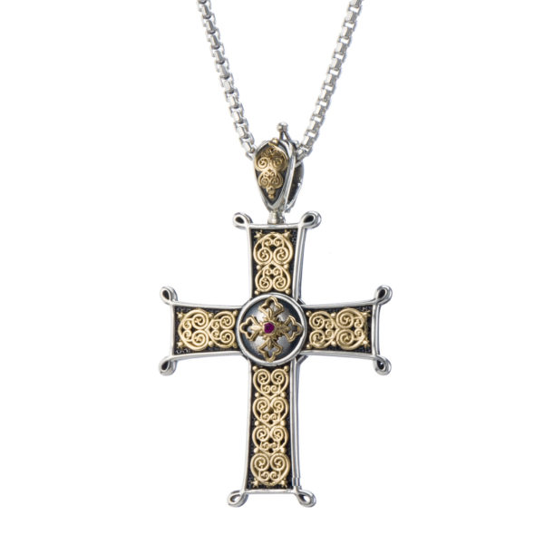 Chi-Rho Filigree Faith Large Cross Pendant 18k Yellow Gold and Sterling Silver 925 - Image 3