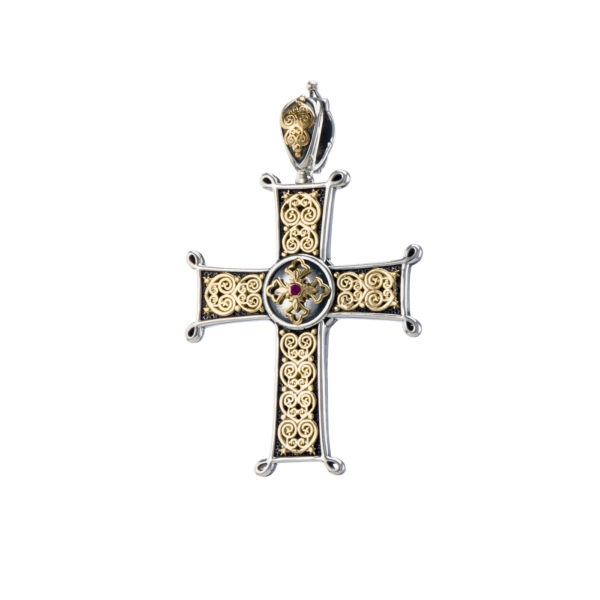 Chi-Rho Filigree Faith Large Cross Pendant 18k Yellow Gold and Sterling Silver 925