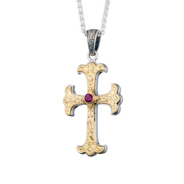 Byzantine Cross Pendant 18k Yellow Gold and Sterling Silver 925 - Image 2