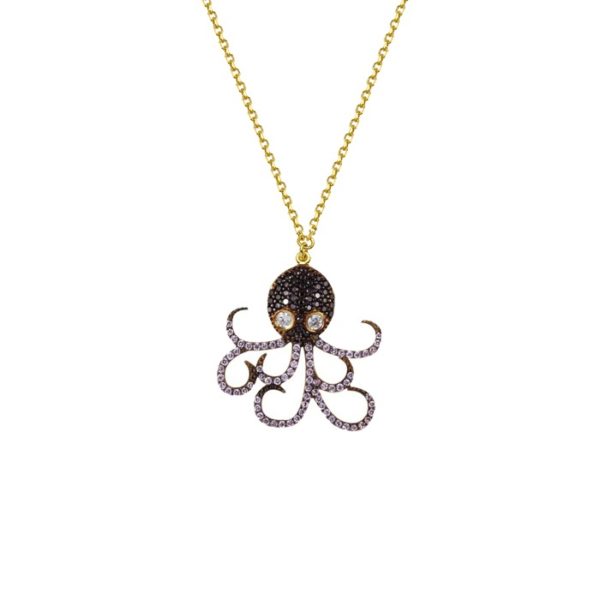 Octopus Charm Necklace Yellow Gold k14 with Cubic Zirconia for Women for Teen - Image 2