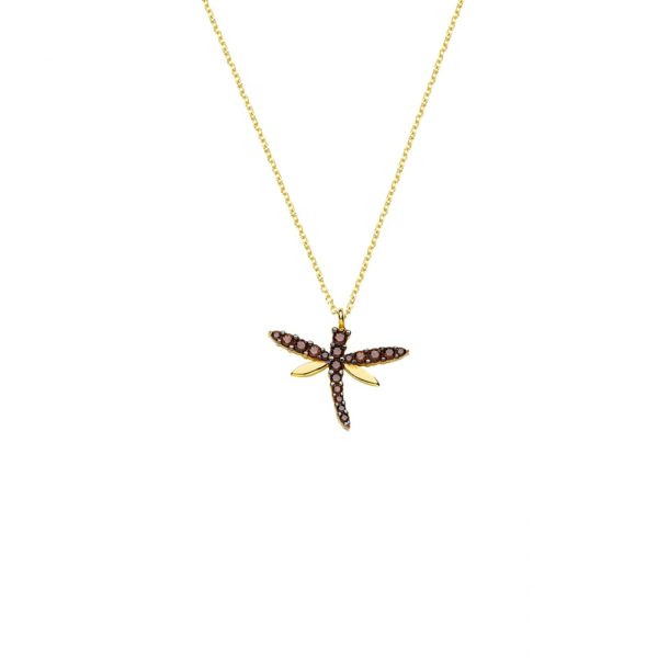 Dragonfly Charm Necklace Yellow Gold k14 with Cubic Zirconia for Women for Teen