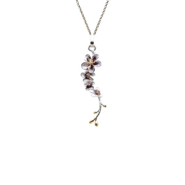 Silver Plum Blossom Pendant with Pink Enamel and Gold Plated Stamens - Image 2