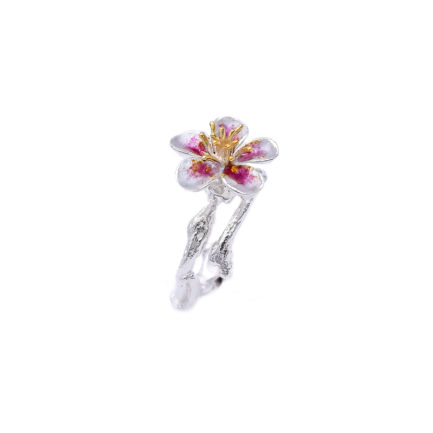 Pink Silver-Enamel Flower Ring with Gold Plated Stamens