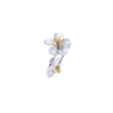 Pink Silver-Enamel Flower Ring with Gold Plated Stamens