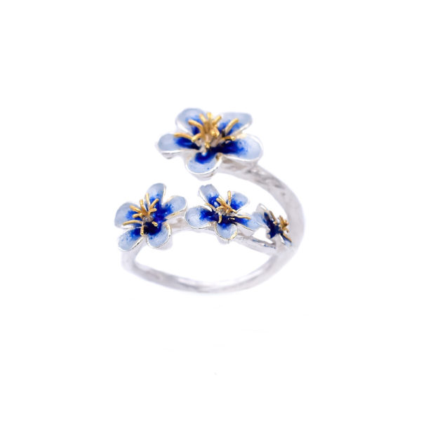 Adjustable Silver-Enamel Floral Ring with Gold Plated Stamens - Image 2