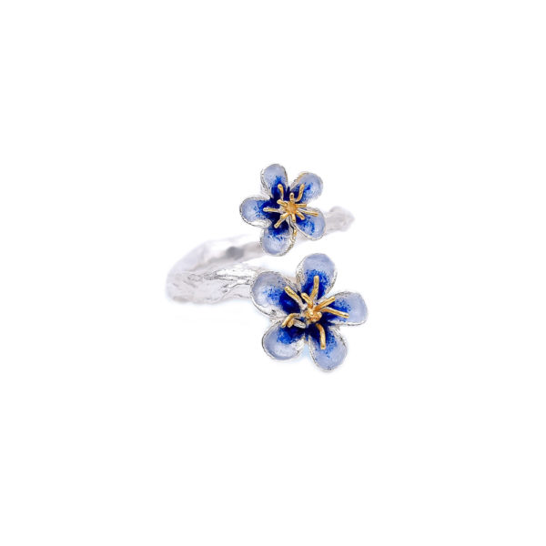 Blue Flower Adjustable Silver Enamel Ring - Image 2