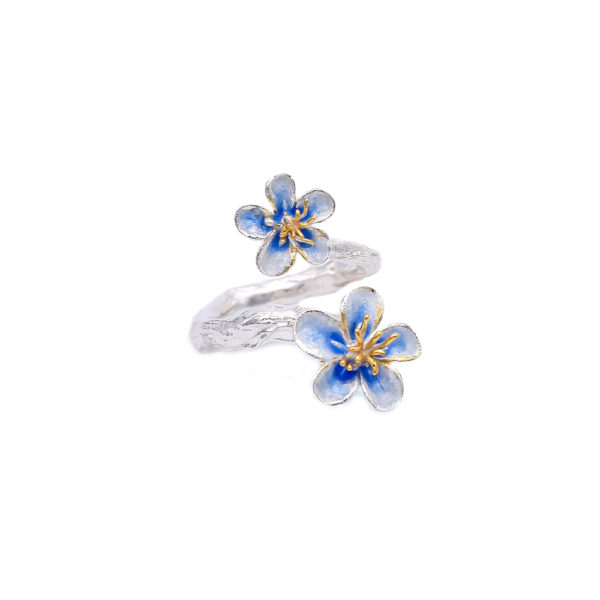 Blue Flower Adjustable Silver Enamel Ring