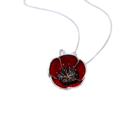 Red Poppy Flower Necklace with Gold Plated Stamens and Enamel
