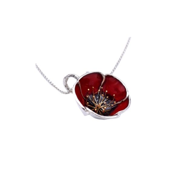 Red Poppy Flower Necklace with Gold Plated Stamens and Enamel - Image 2