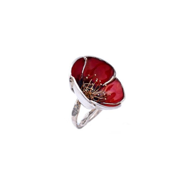 Red Poppy Flower Ring made of Sterling Silver