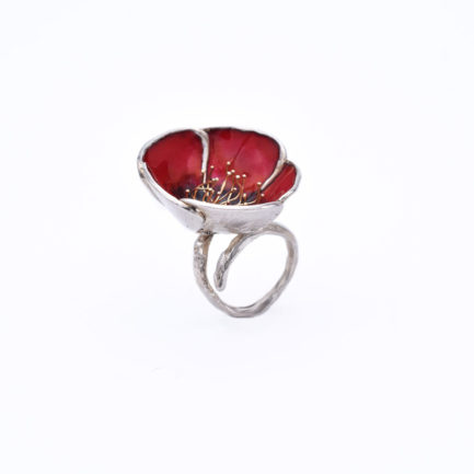 Red Poppy Flower Ring made of Sterling Silver
