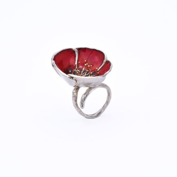 Red Poppy Flower Ring made of Sterling Silver - Image 2