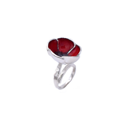 Red Poppy Flower Ring Made Out of Silver and Enamel
