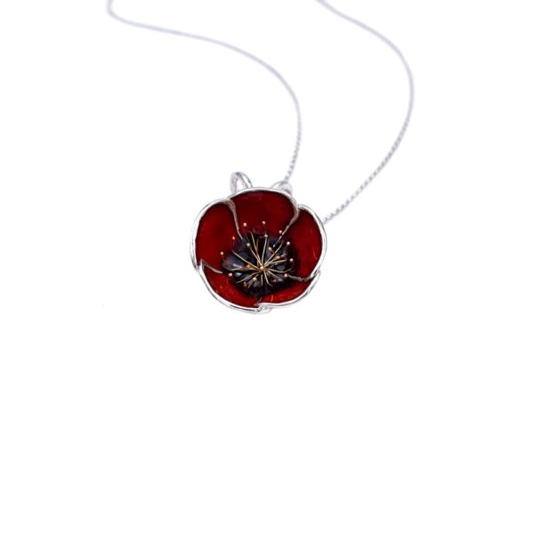 Red Poppy Flower Pendant Made Out of Silver Enamel and Gold Plated Stamens