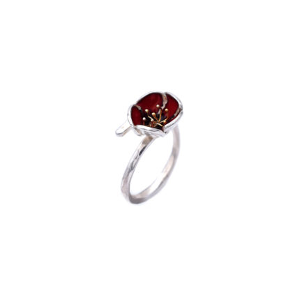 Small Poppy Flower Ring with Red Enamel Petals and Gold-Plated Stamens