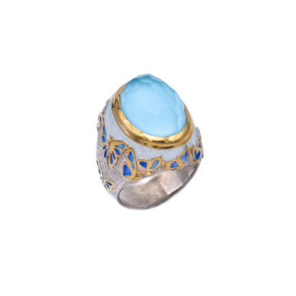 Butterfly Turquoise Ring for Calmness, Gold Plated with Enamel
