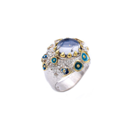 Silver Galaxy Quartz Ring with Enamel and 24K Golden Leaves