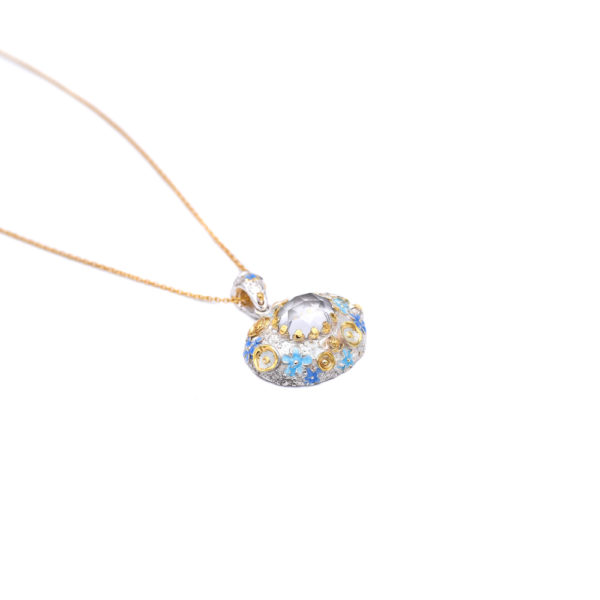 Romantic Crystal Flower Pendant Made of Silver, Enamel and Gold-Plated Details - Image 2