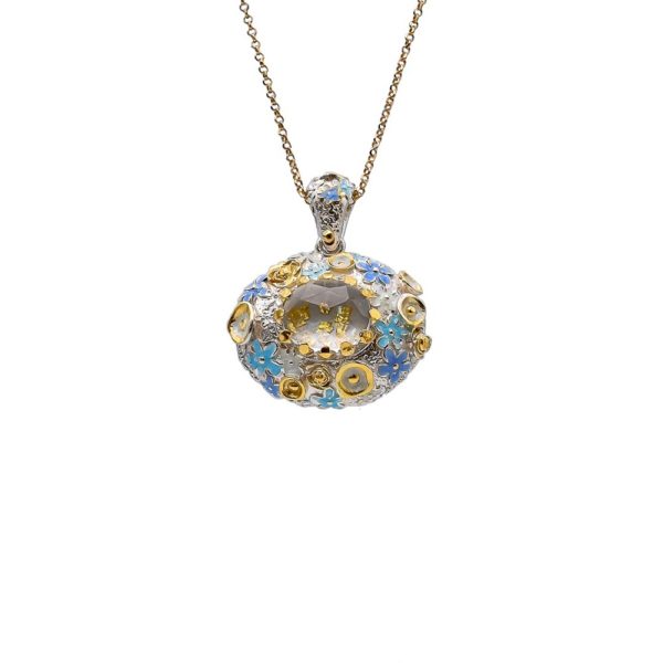 Romantic Crystal Flower Pendant Made of Silver, Enamel and Gold-Plated Details