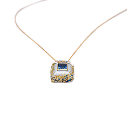 Sterling Silver Square Pendant Butterfly Gold Plated with Enamel, 24K Gold Leaf